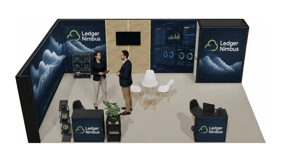 Stoisko 8 × 5 m narożne lewe dla branży oprogramowanie dla firm, przykładowa marka Ledger Nimbus