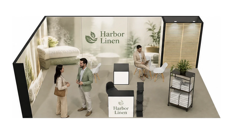 Stoisko 8 × 5 m narożne lewe dla branży wyposażenie hoteli, przykładowa marka Harbor Linen