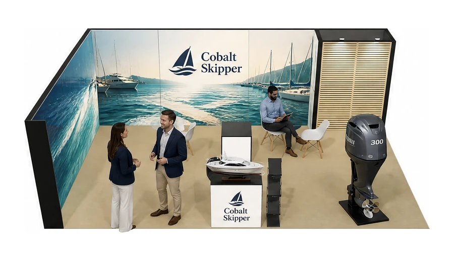 Stoisko 8 × 5 m narożne lewe dla branży jachty i łodzie, przykładowa marka Cobalt Skipper