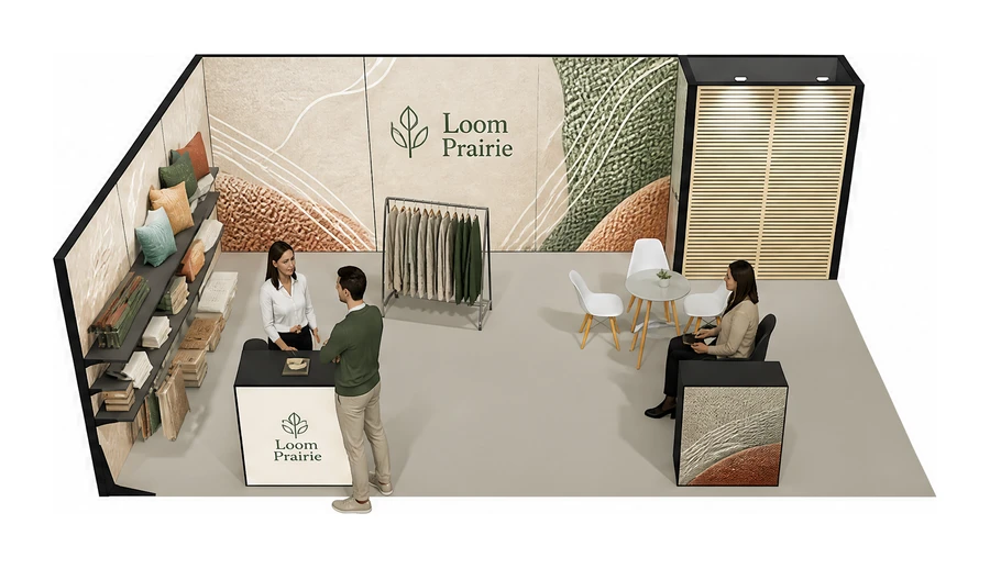 Stoisko 8 × 5 m narożne lewe dla branży tekstylia i tkaniny, przykładowa marka Loom Prairie