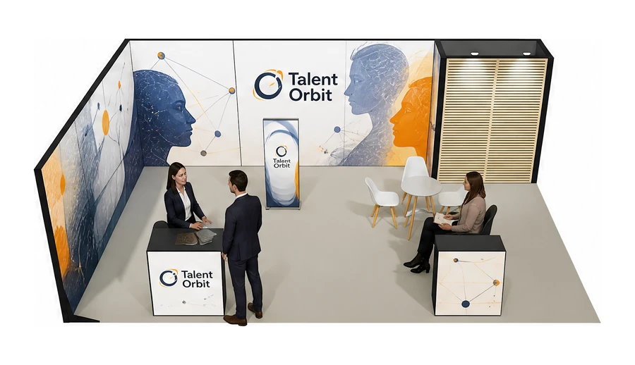 Stoisko 8 × 5 m narożne lewe dla branży HR i rekrutacja, przykładowa marka Talent Orbit