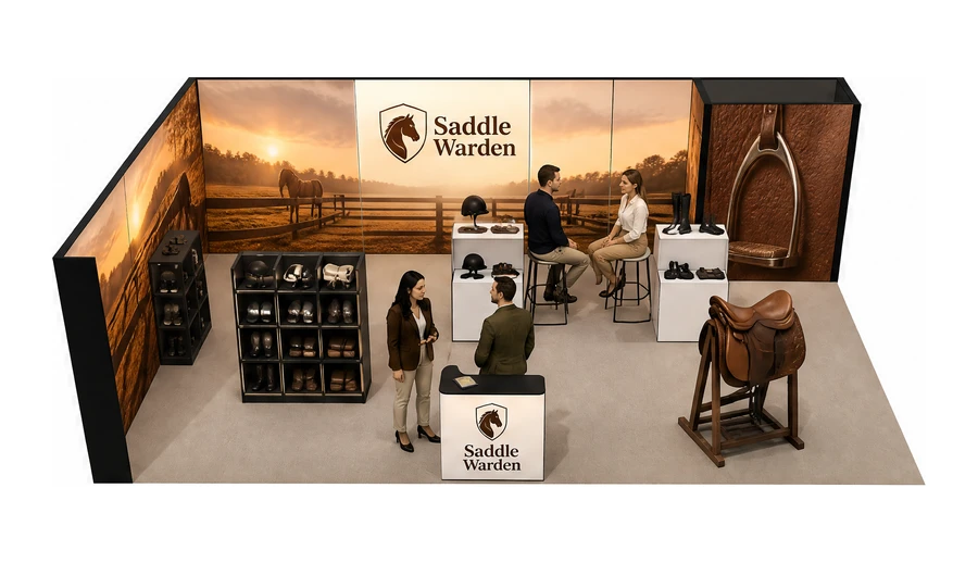 Stoisko 8 × 5 m narożne lewe dla branży jeździectwo, przykładowa marka Saddle Warden