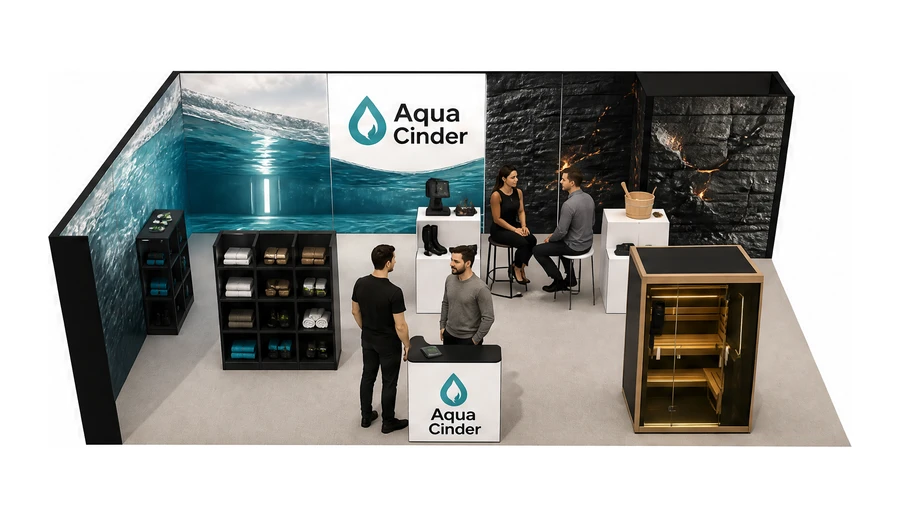 Stoisko 8 × 5 m narożne lewe dla branży baseny i sauny, przykładowa marka Aqua Cinder