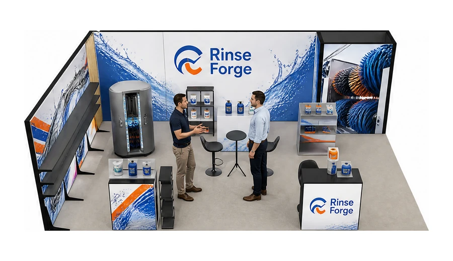 Stoisko 8 × 5 m narożne lewe dla branży myjnie i pielęgnacja aut, przykładowa marka Rinse Forge
