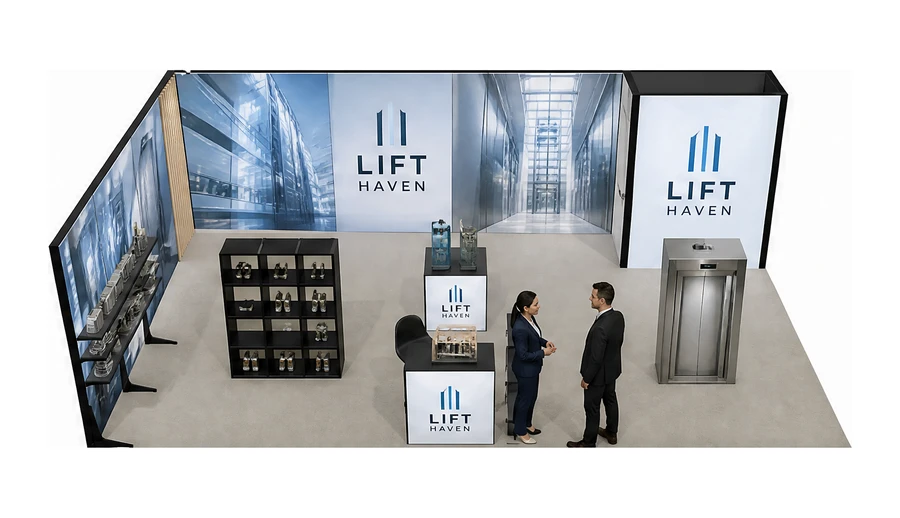 Stoisko 8 × 5 m narożne lewe dla branży dźwigi i windy, przykładowa marka Lift Haven