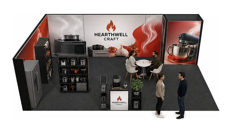 Stoisko 8 × 5 m narożne lewe dla branży sprzęt kuchenny i AGD, przykładowa marka Hearthwell Craft