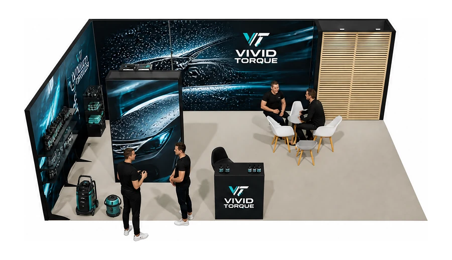 Stoisko 8 × 5 m narożne lewe dla branży tuning i detailing, przykładowa marka Vivid Torque