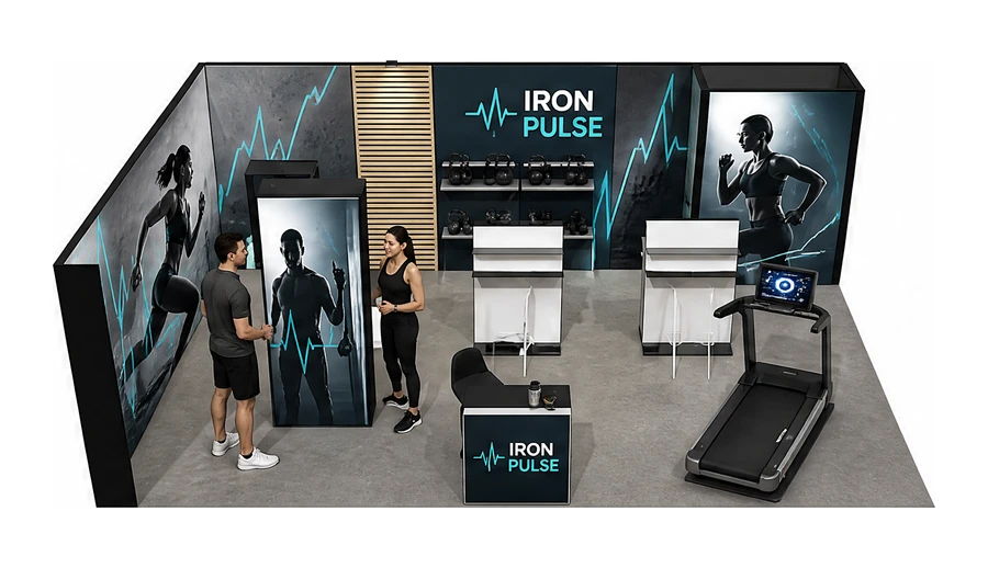 Stoisko 8 × 5 m narożne lewe dla branży fitness i siłownie, przykładowa marka Iron Pulse