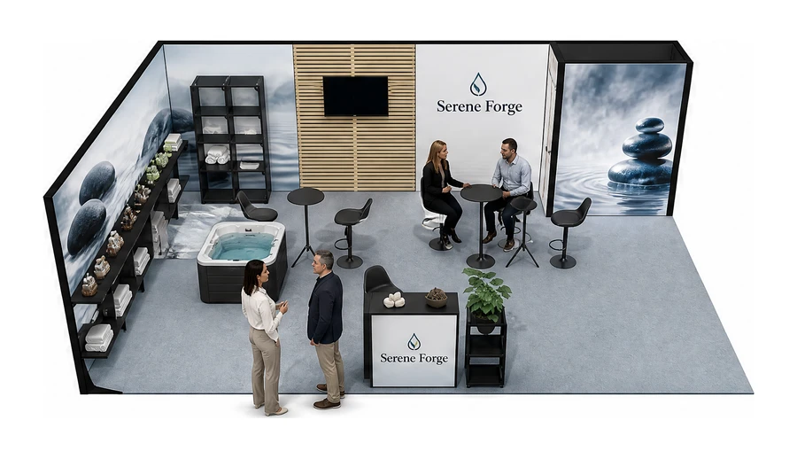 Stoisko 8 × 5 m narożne lewe dla branży spa i wellness, przykładowa marka Serene Forge