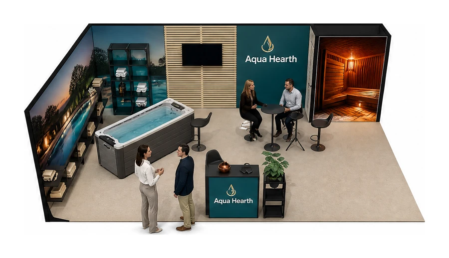 Stoisko 8 × 5 m narożne lewe dla branży baseny i sauny, przykładowa marka Aqua Hearth