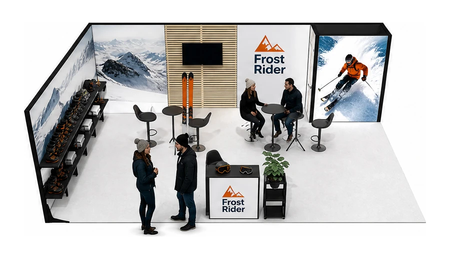 Stoisko 8 × 5 m narożne lewe dla branży narciarstwo i sporty zimowe, przykładowa marka Frost Rider