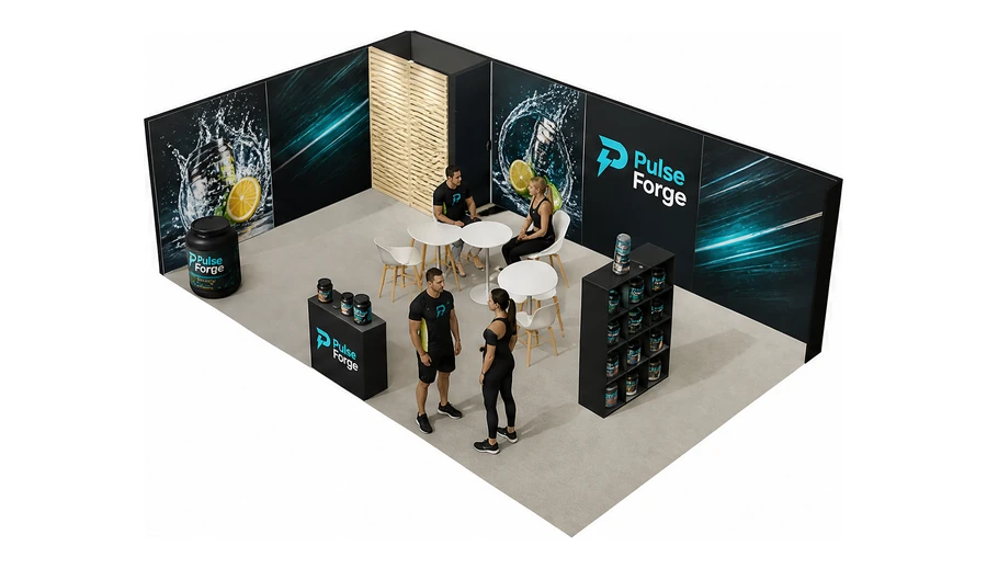 Stoisko 8 × 5 m narożne lewe dla branży suplementy diety, przykładowa marka Pulse Forge