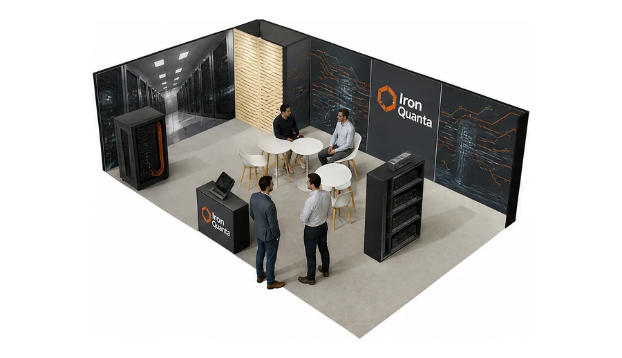 Stoisko 8 × 5 m narożne lewe dla branży infrastruktura IT i data center, przykładowa marka Iron Quanta