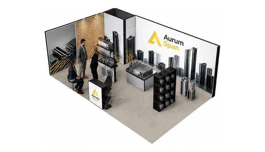 Stoisko 8 × 5 m narożne lewe dla branży profile aluminiowe, przykładowa marka Aurum Span