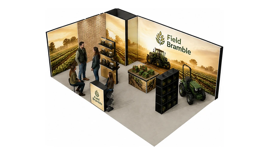 Stoisko 8 × 5 m narożne lewe dla branży maszyny rolnicze, przykładowa marka Field Bramble