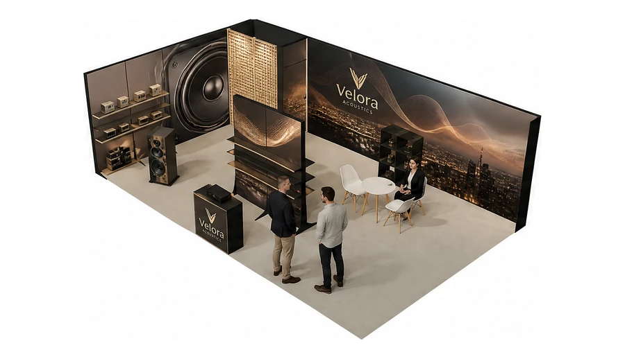 Stoisko 8 × 5 m narożne lewe dla branży sprzęt audio-video, przykładowa marka Velora Acoustics