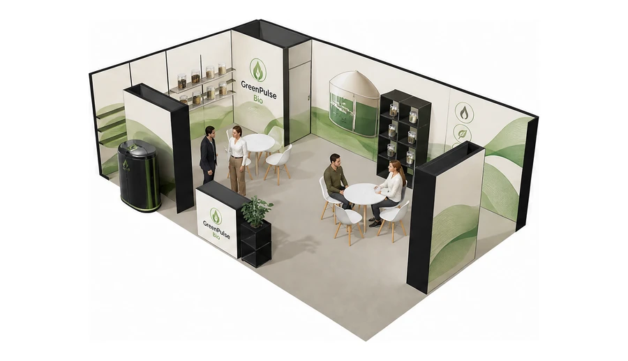 Stoisko 8 × 5 m narożne lewe dla branży biogaz i OZE, przykładowa marka GreenPulse Bio