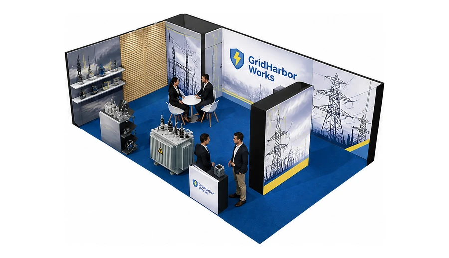 Stoisko 8 × 5 m narożne lewe dla branży energetyka i sieci, przykładowa marka GridHarbor Works