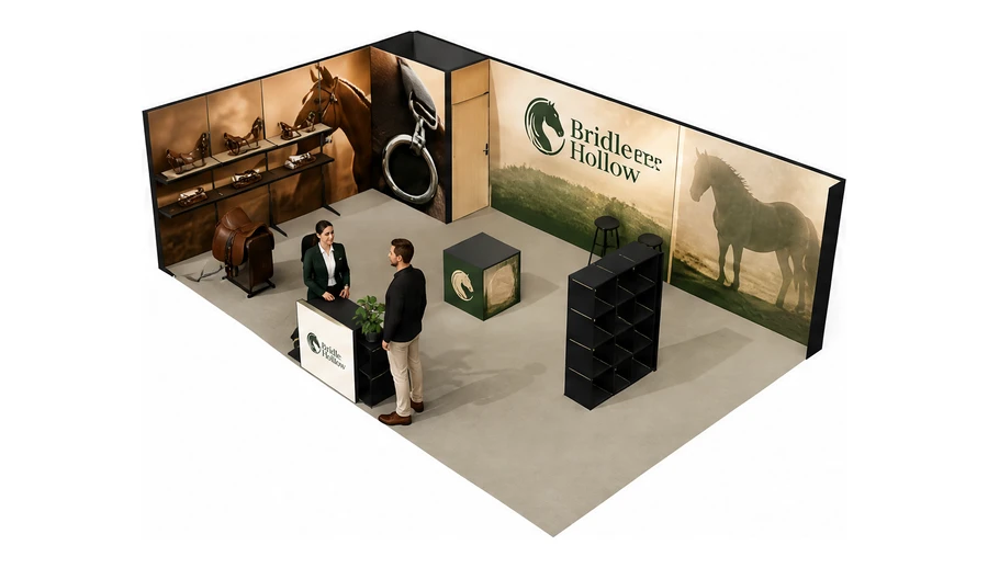 Stoisko 8 × 5 m narożne lewe dla branży jeździectwo, przykładowa marka Bridle Hollow
