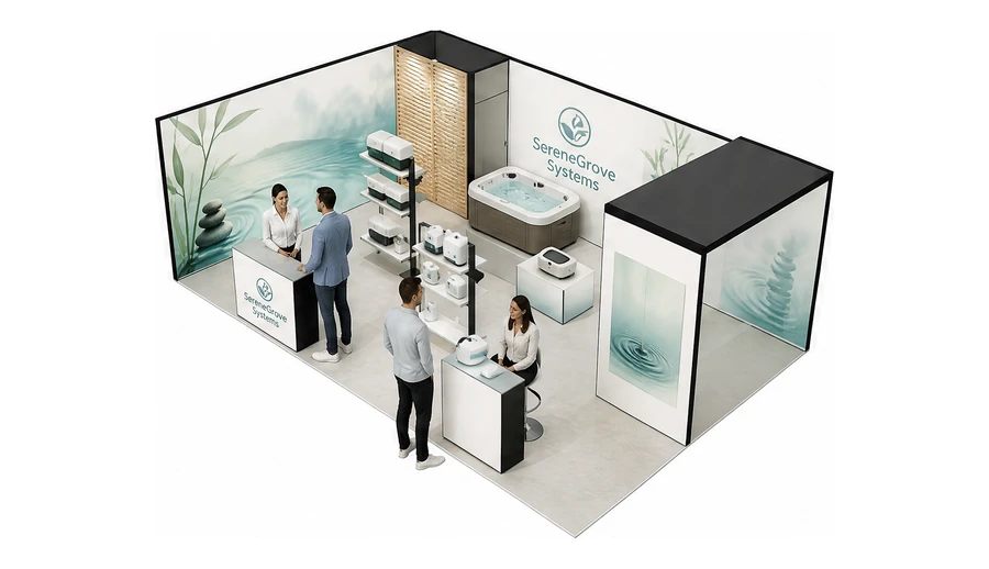 Stoisko 8 × 5 m narożne lewe dla branży spa i wellness, przykładowa marka SereneGrove Systems