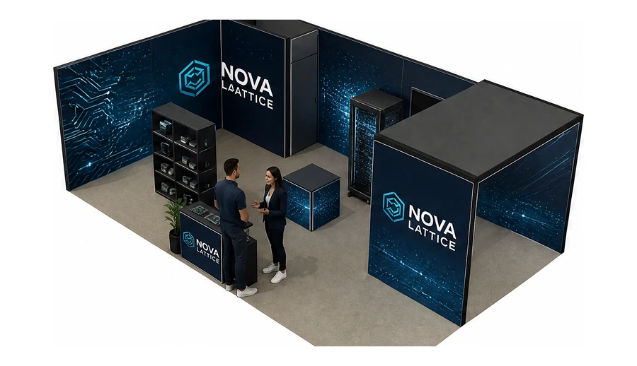 Stoisko 8 × 5 m narożne lewe dla branży komponenty elektroniczne, przykładowa marka Nova Lattice