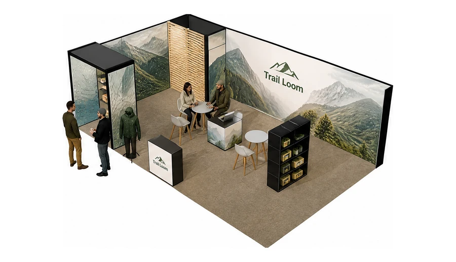 Stoisko 8 × 5 m narożne lewe dla branży odzież i sprzęt outdoorowy, przykładowa marka Trail Loom