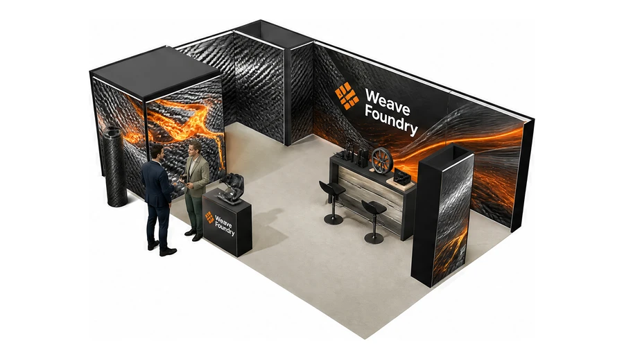 Stoisko 8 × 5 m narożne lewe dla branży materiały kompozytowe, przykładowa marka Weave Foundry