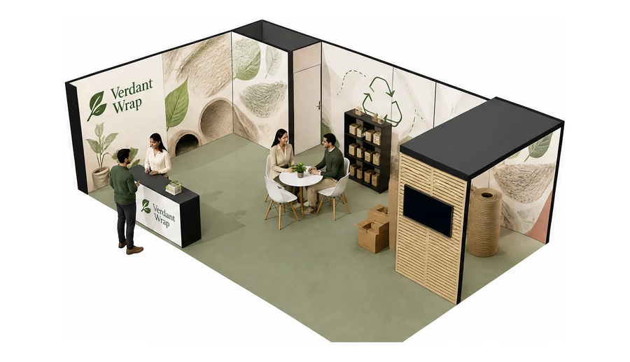 Stoisko 8 × 5 m narożne lewe dla branży opakowania ekologiczne, przykładowa marka Verdant Wrap