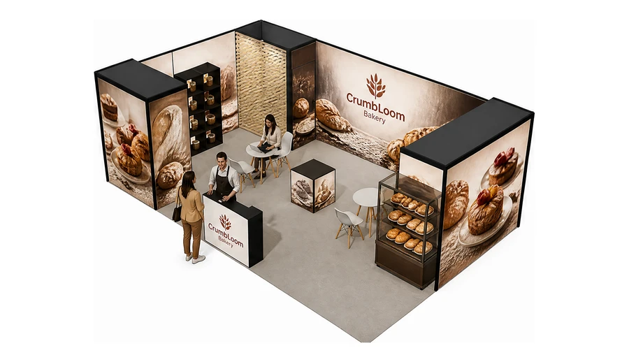 Stoisko 8 × 5 m narożne lewe dla branży piekarnictwo i cukiernictwo, przykładowa marka CrumbLoom Bakery