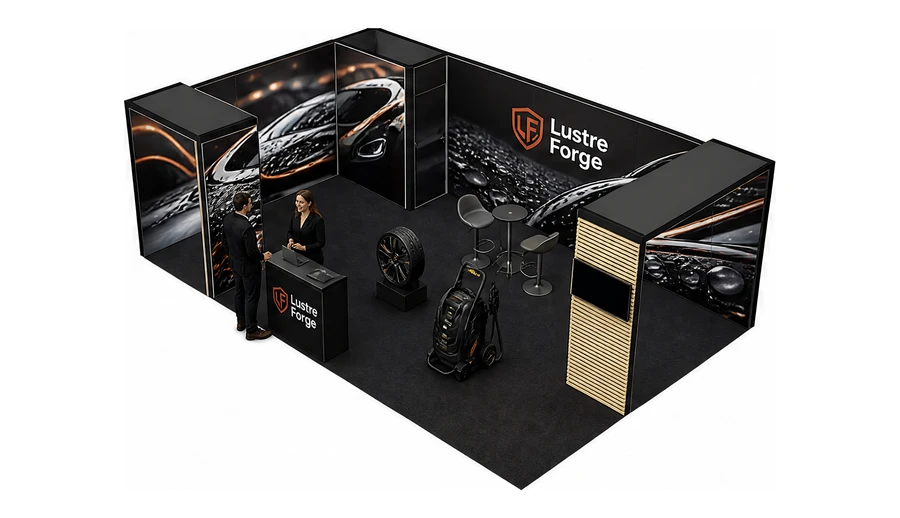 Stoisko 8 × 5 m narożne lewe dla branży tuning i detailing, przykładowa marka Lustre Forge