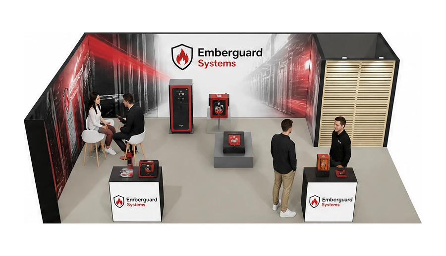 Stoisko 8 × 5 m narożne lewe dla branży ochrona przeciwpożarowa, przykładowa marka Emberguard Systems