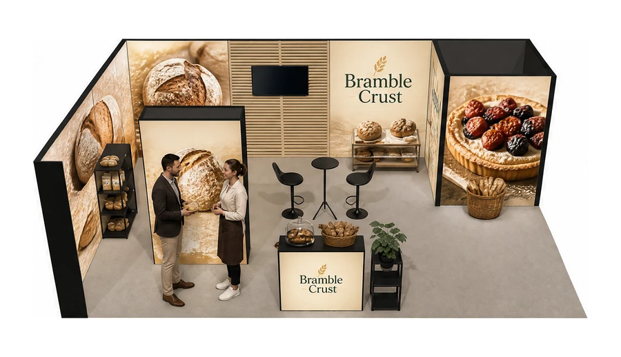 Stoisko 8 × 5 m narożne lewe dla branży piekarnictwo i cukiernictwo, przykładowa marka Bramble Crust