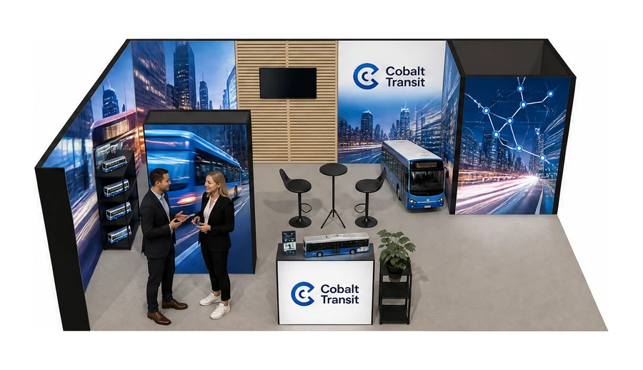 Stoisko 8 × 5 m narożne lewe dla branży autobusy i transport zbiorowy, przykładowa marka Cobalt Transit