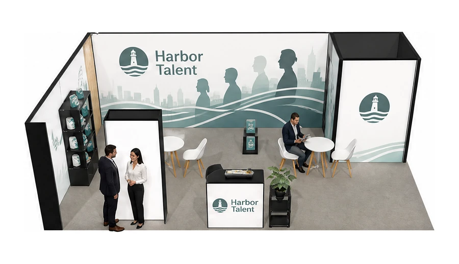 Stoisko 8 × 5 m narożne lewe dla branży HR i rekrutacja, przykładowa marka Harbor Talent