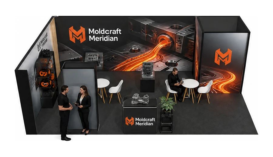Stoisko 8 × 5 m narożne lewe dla branży przetwórstwo tworzyw, przykładowa marka Moldcraft Meridian