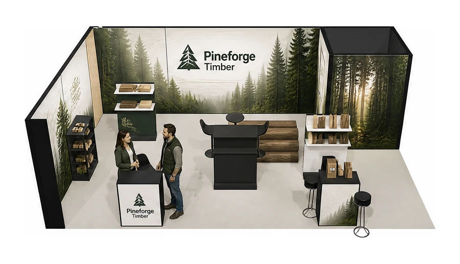 Stoisko 8 × 5 m narożne lewe dla branży leśnictwo i przemysł drzewny, przykładowa marka Pineforge Timber