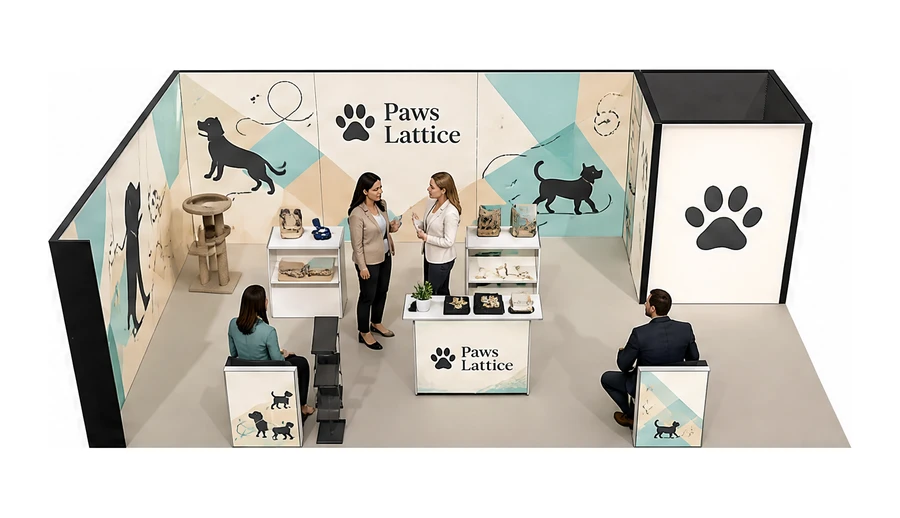 Stoisko 8 × 5 m narożne lewe dla branży akcesoria dla zwierząt, przykładowa marka Paws Lattice