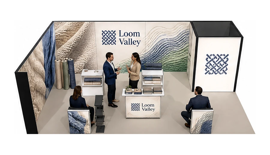 Stoisko 8 × 5 m narożne lewe dla branży tekstylia i tkaniny, przykładowa marka Loom Valley