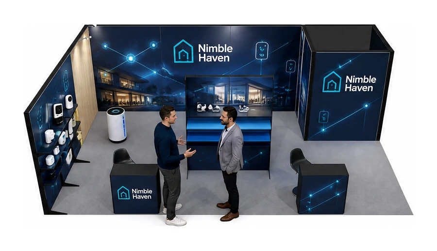 Stoisko 8 × 5 m narożne lewe dla branży smart home i IoT, przykładowa marka Nimble Haven