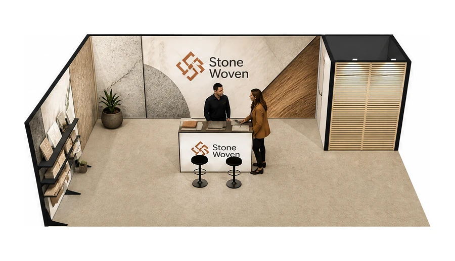 Stoisko 8 × 5 m narożne lewe dla branży wykończenie wnętrz, przykładowa marka Stone Woven