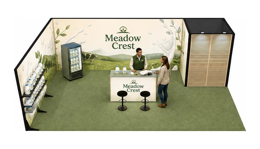 Stoisko 8 × 5 m narożne lewe dla branży nabiał i mleczarstwo, przykładowa marka Meadow Crest
