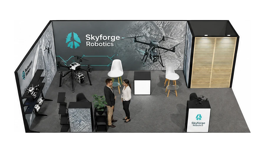 Stoisko 8 × 5 m narożne lewe dla branży drony i robotyka, przykładowa marka Skyforge Robotics