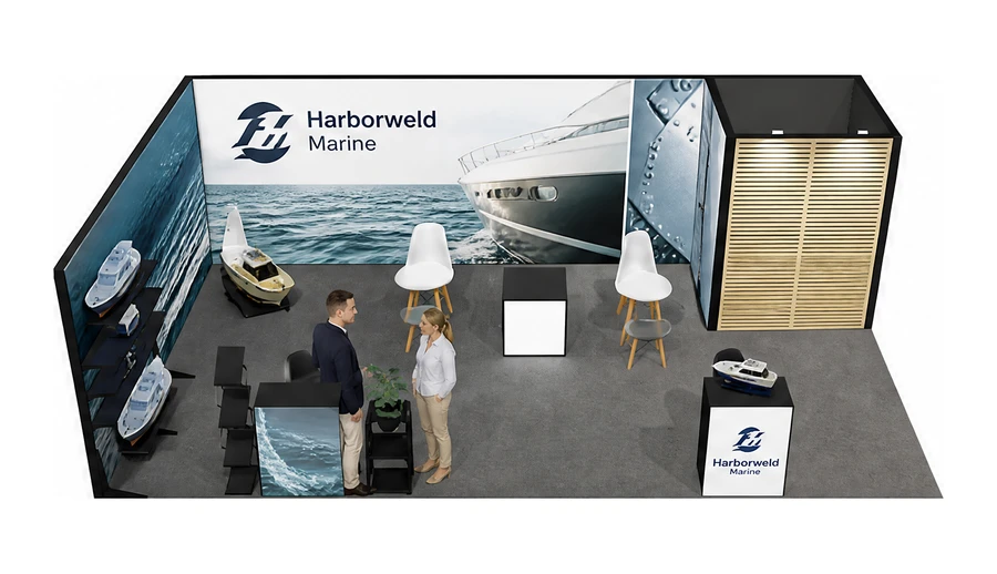 Stoisko 8 × 5 m narożne lewe dla branży jachty i łodzie, przykładowa marka Harborweld Marine