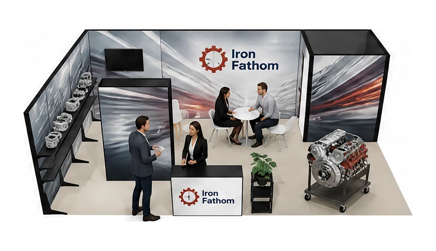 Stoisko 8 × 5 m narożne lewe dla branży części motoryzacyjne, przykładowa marka Iron Fathom