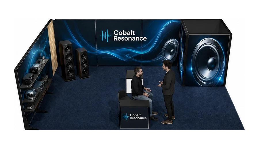 Stoisko 8 × 5 m narożne lewe dla branży sprzęt audio-video, przykładowa marka Cobalt Resonance