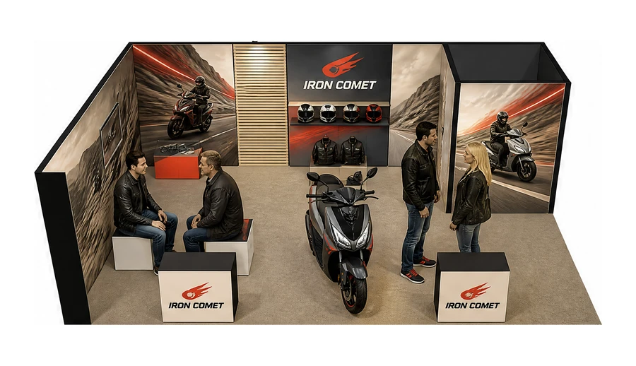 Stoisko 8 × 5 m narożne lewe dla branży motocykle i skutery, przykładowa marka Iron Comet