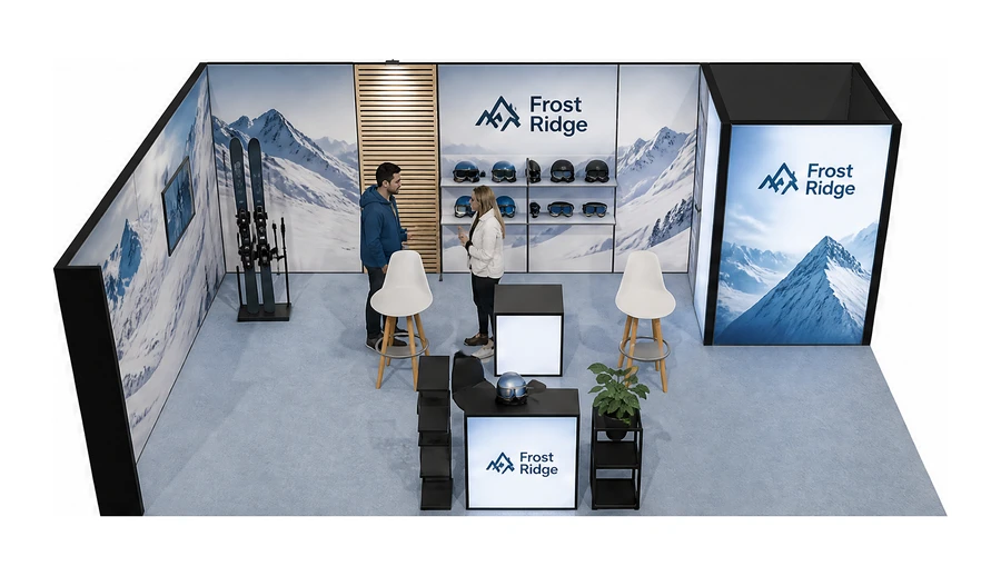 Stoisko 8 × 5 m narożne lewe dla branży narciarstwo i sporty zimowe, przykładowa marka Frost Ridge