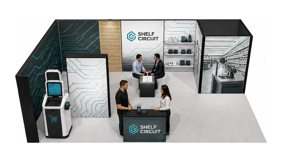 Stoisko 8 × 5 m narożne lewe dla branży technologie dla handlu, przykładowa marka Shelf Circuit