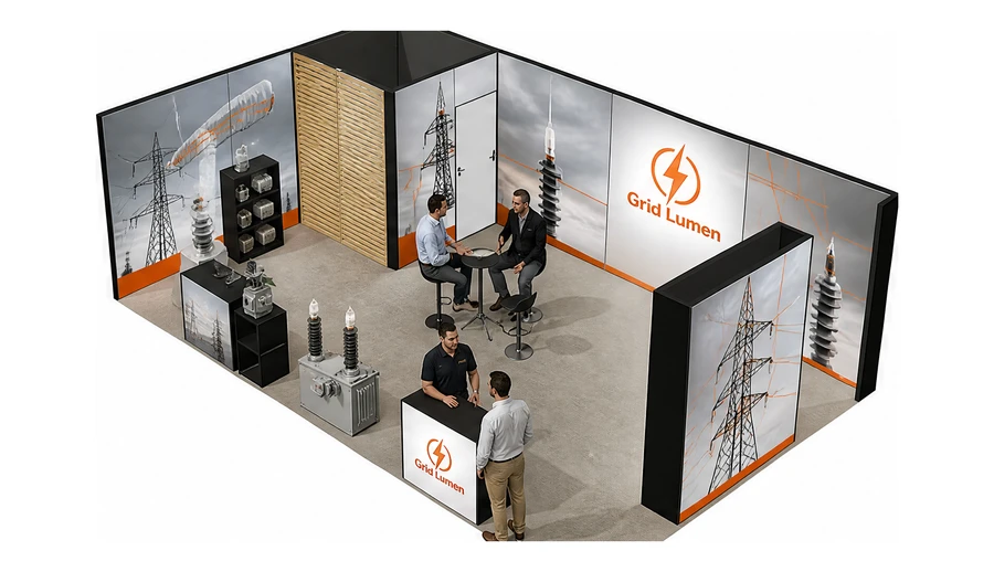 Stoisko 8 × 5 m narożne lewe dla branży energetyka i sieci, przykładowa marka Grid Lumen