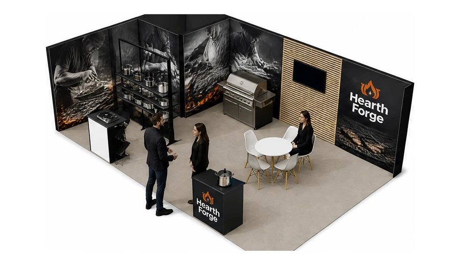 Stoisko 8 × 5 m narożne lewe dla branży wyposażenie gastronomii, przykładowa marka Hearth Forge